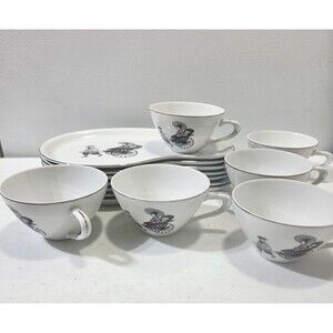 Arita China Vintage Japan Fine Porcelain 13 pc Tea Snack Set Rickshaw Pattern